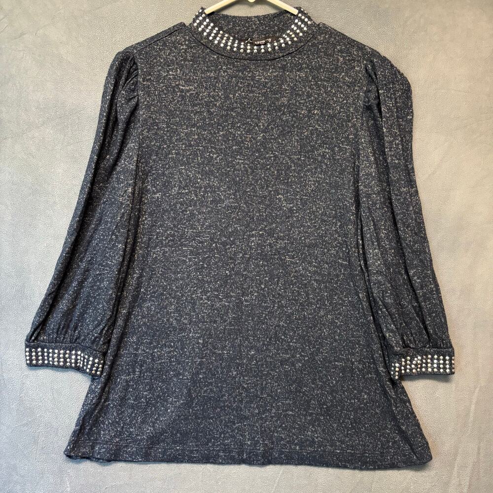 A Love Story Studded Blouse Mock Neck Office Career Sheer Puffy 3/4 Sleeves
